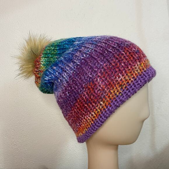 Beanie Hat Adult Multicolor Stripe Cuff Boho Slouchy Knitted Winter Ski Handmade - Picture 5 of 7